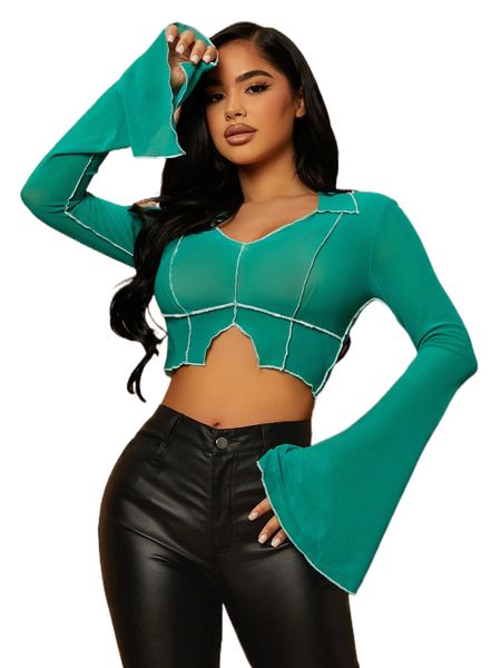 

sxy split hem contrast stitch flounce sleeve mesh crop tee u3iy#, White