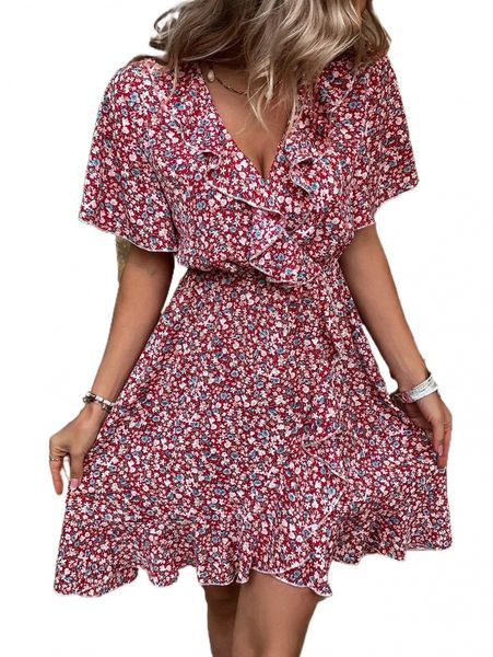 

ditsy floral ruffle trim dress y4jt#, Black;gray