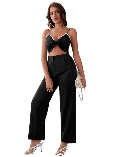 

lace panel tie front crop cami & pants 844d#, White