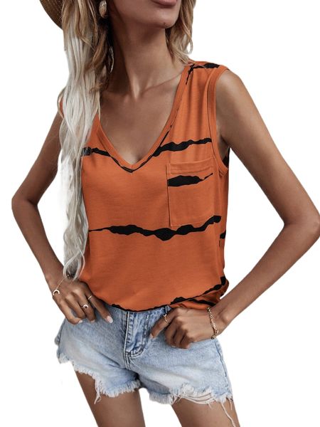 

graphic print pocket patched v-neck tank k1pq#, White