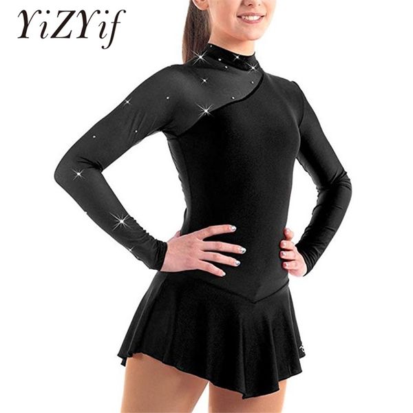 Mädchen-Gymnastiktrikot, Ballettkleid, Kinder-Eislaufkleid, lange Ärmel, Stehkragen, Tüll, Spleißausschnitte, Rücken, Eiskunstlaufkleid 220812