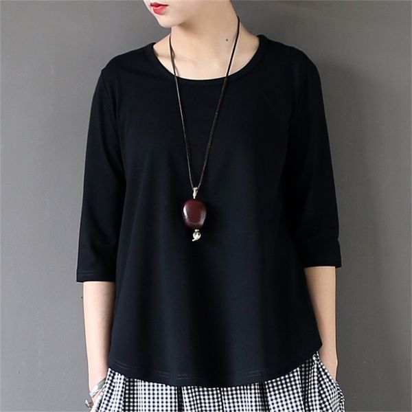 

johnature women cotton t-shirts black white summer half sleeve o-neck  casual knitted fashion 210317