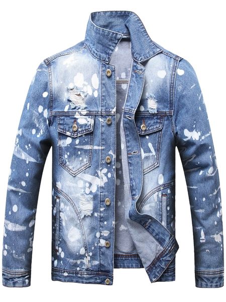 

men splash ink print ripped denim jacket w6lt#, Black;brown