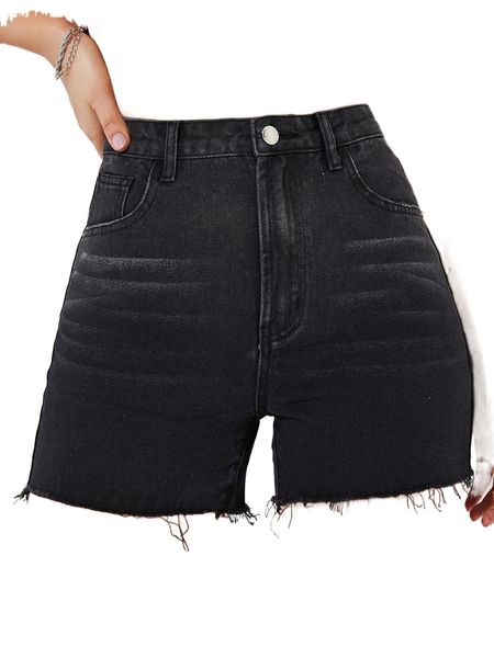 

high waist raw hem denim shorts d11l#, White;black