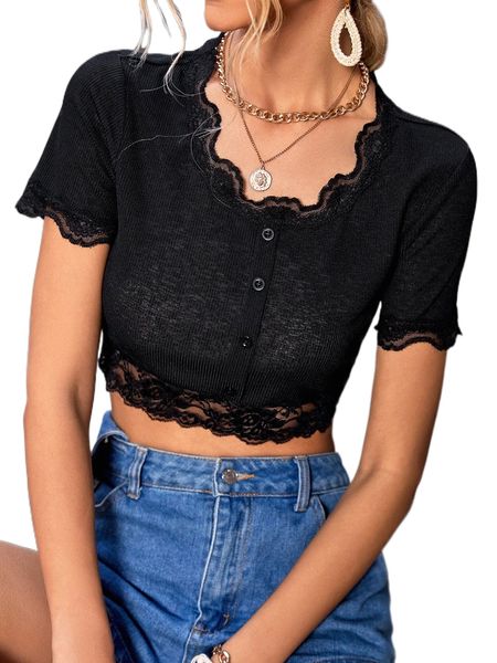 

scallop trim contrast lace crop tee f2fs#, White