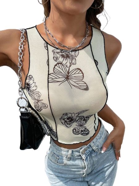 

butterfly print stitching lettuce trim tank u5su#, White
