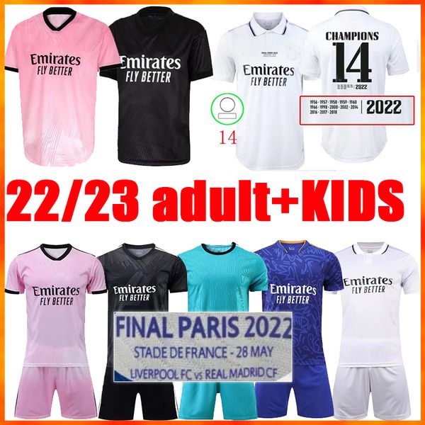 

22 23 player version soccer jerseys benzema real madrids finals champions 14 kit home rodrgo camiseta 2021 2022 2023 vini jr camavinga camis, Black;yellow