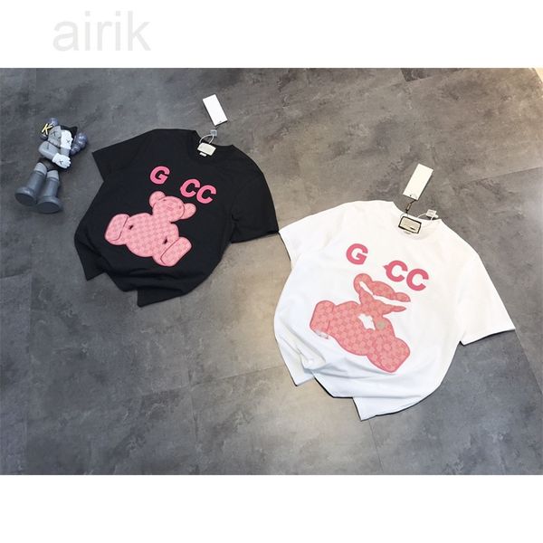 Moda senhora design preto e branco na moda primavera e verão novo urso rosa bordado impressão solta em torno do pescoço casual camiseta marca de luxo manga curta