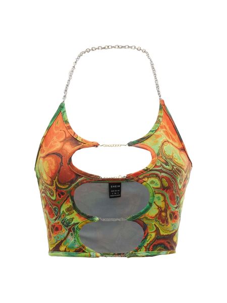 

allover print chain detail cut out halter o0u3#, White
