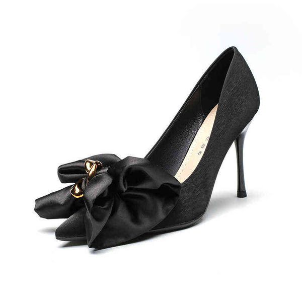 

sandals women designer pointed high heels pumps versatile bow shallow mouth thin heeled sandals dress shoes 220322, Black
