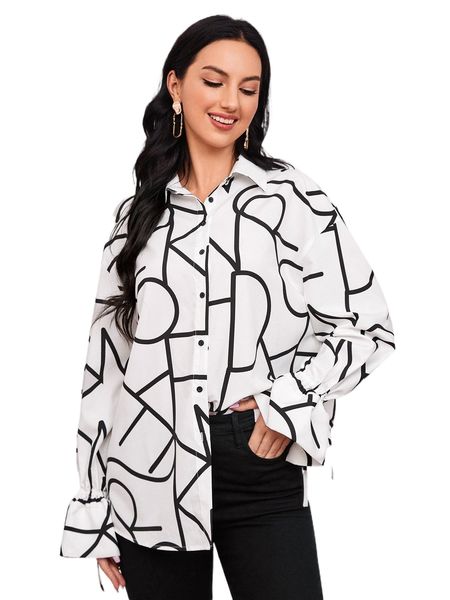 

geo print drawstring cuff blouse i0vw#, White