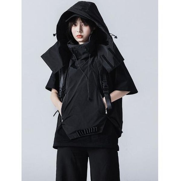 

women's men vests dark functional hip hop hooded tactical vests removable hats outerwear & coats black coat, Black;white