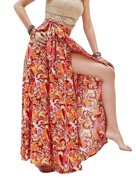 

rusttydustty tie waist split thigh paisley print skirt b9kd#, Black