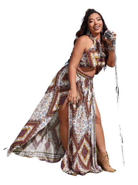 

plus floral & scarf print halter & tie front slit skirt 13mz#, Black