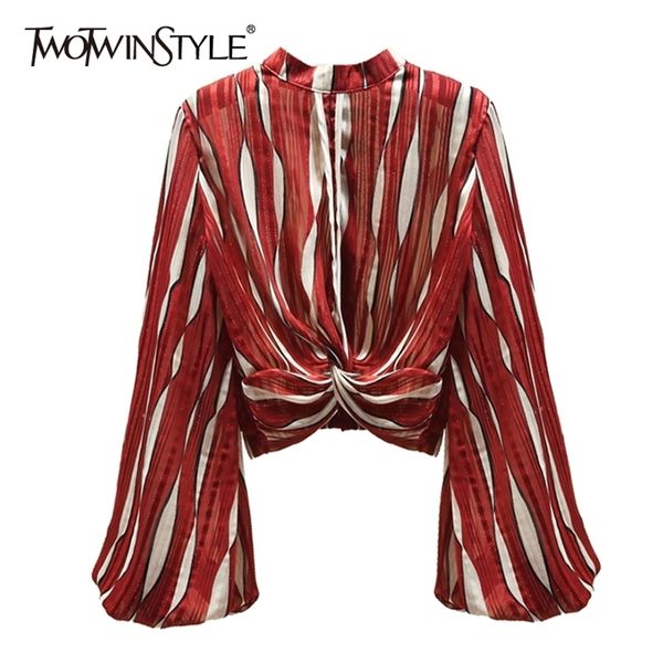 

twotwinstyle casual striped women shirt stand collar lantern long sleeve loose hit color blouse female fashion clothing 210308, White