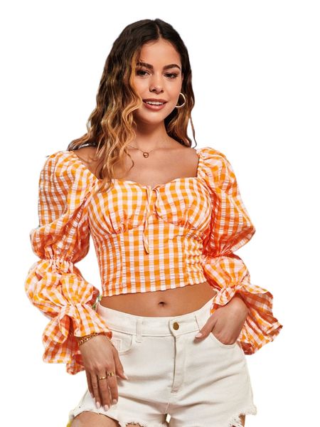 

gingham print tie front flounce sleeve crop z0nt#, White