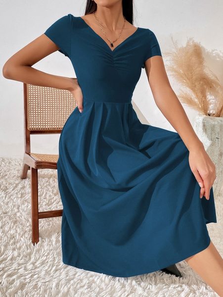 

ruched pleated detail a-line dress v293#, Black;gray