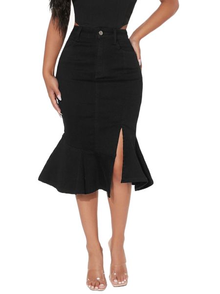 

petite split mermaid hem denim skirt o3w1#, Black