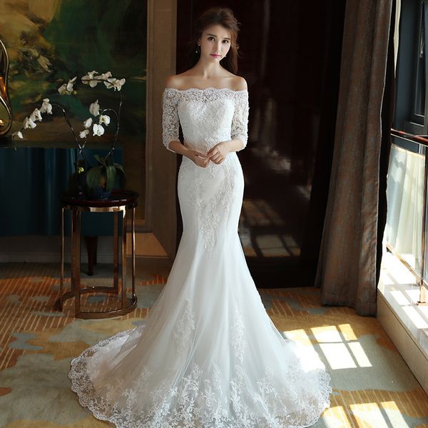 

2022 new bridal wedding dress one-shoulder fishtail small trailing dream weddings wed dress vestido de novia, White