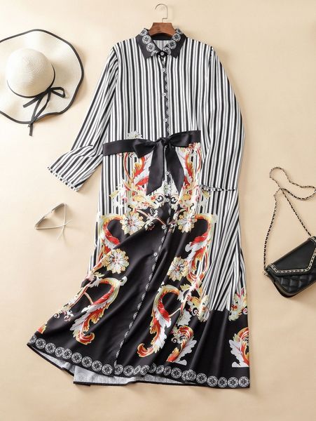 

plus striped & floral print button front belted shirt dress i6r1#, Black