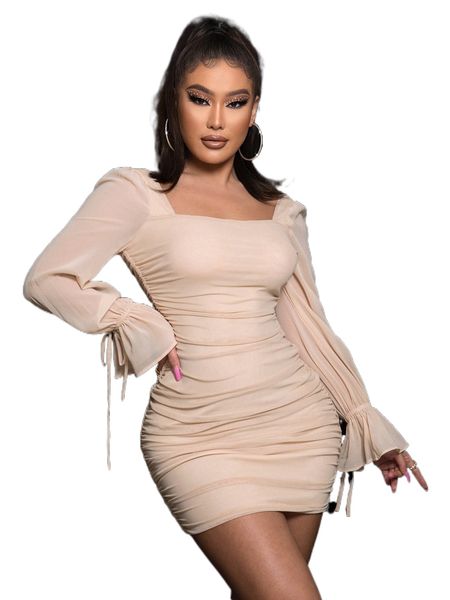 

joyfunear flounce sleeve ruched backless bodycon dress u1ro#, Black;gray