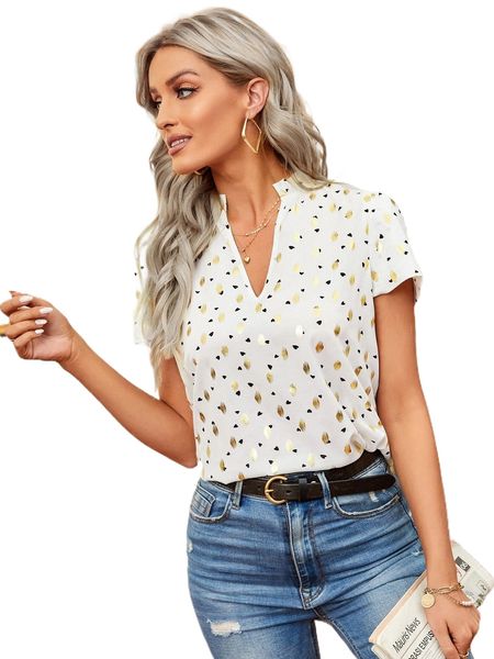 

heart & gold print frill notched neck blouse d12k#, White