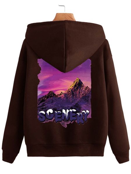 

letter & mountain print drawstring drop shoulder thermal hoodie x5wg#, Black