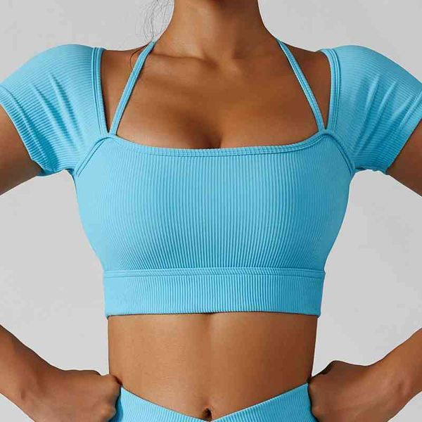 

yoga sports female bra clothing women summer tight gym bralette fitness lady underwear sportswear shockproof short sleeve t220730, White;red