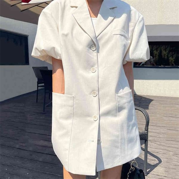 

summer new temperament elegant sweet white retro lapel pocket single breasted loose lantern sleeve dres 16083 210423, Black;gray