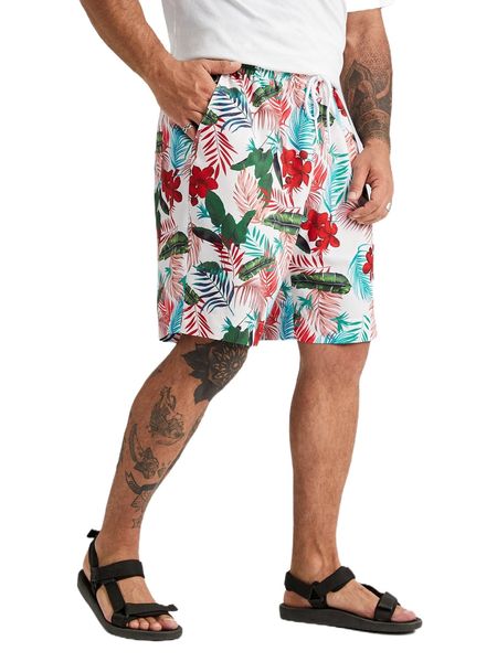 

extended sizes men tropical print drawstring waist shorts 4587#, White;black