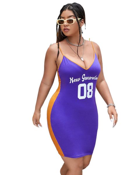 

plus letter graphic contrast side seam cami dress q4a5#, Black