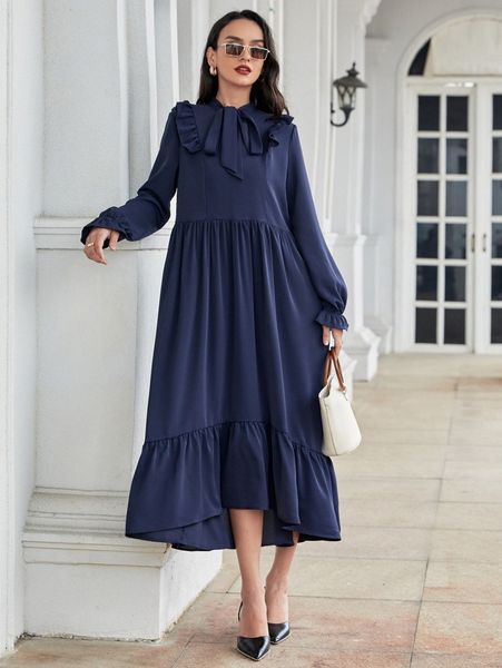 

flounce sleeve tie neck ruffle trim smock dress y0ef#, Black;gray