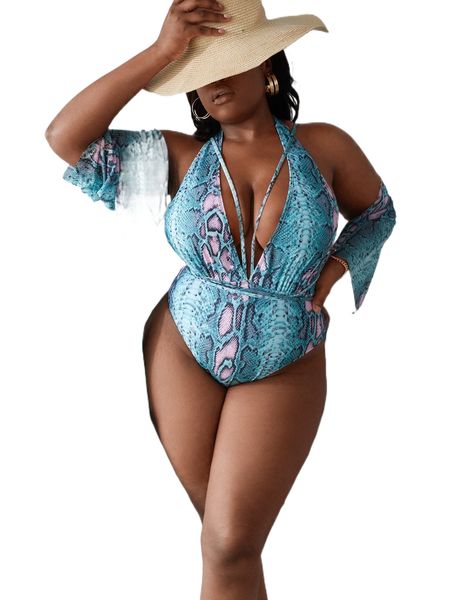 

plus snakeskin print one piece swimsuit & kimono u88o#, White;black