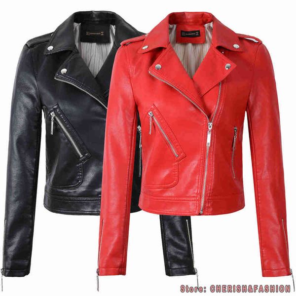 2022 Nuovo Autunno Inverno Donna Moto Faux Cuoio Rosso ets Lady Biker Capispalla Cappotto Zipper Capispalla giacca HOT L220728