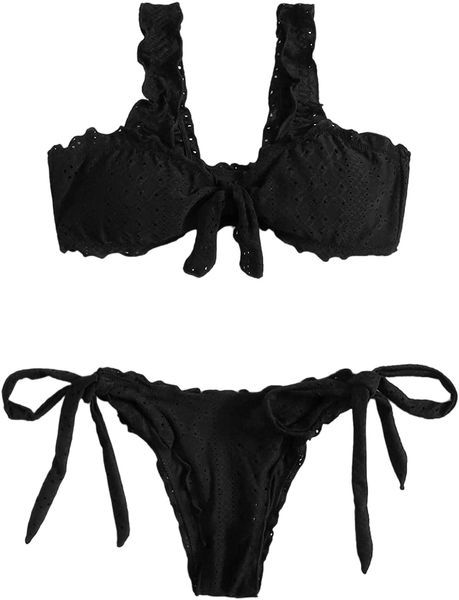 

women's frill bikini with tie side panty 2 piece swimsuit bathing suits m9tr#, White;black