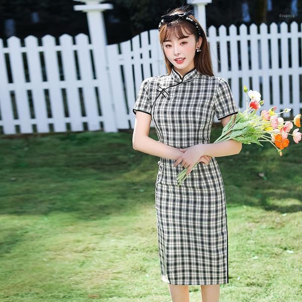 Sexy Baumwolle Weiß Schwarz Plaid Gedruckt Qipao Traditionelle Chinesische Frauen Kurzarm Kleid Tägliche Student Knielange Cheongsam Ethnische Kleidung