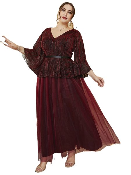 

plus flounce sleeve peplum belted mesh formal dress j2mq#, Black