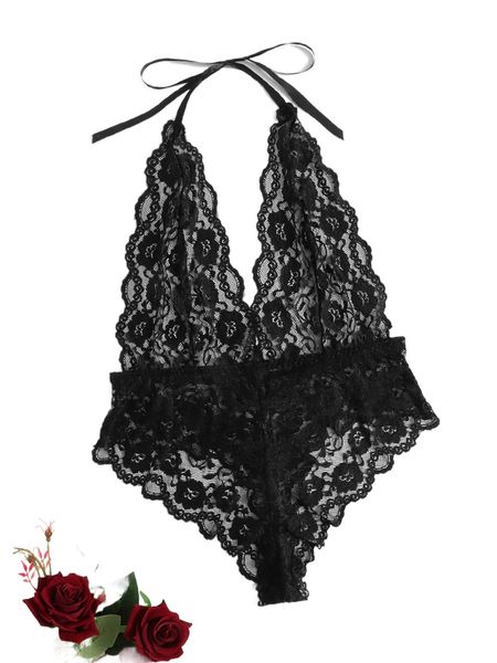 

plus lace tie back halter teddy bodysuit f3e1#, Black;white