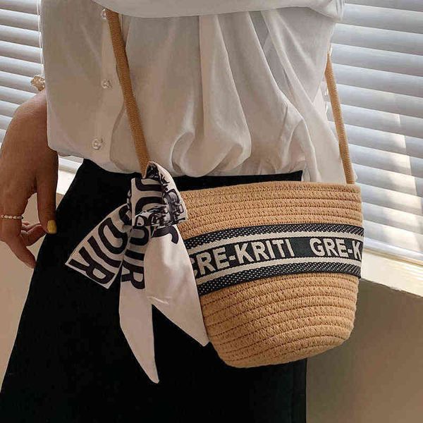 

factory outlet summer small bag women's new 2022ins net red letter straw bucket mini woven one shoulder messenger bag