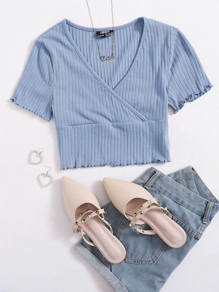 

surplice neck rib-knit solid tee z7ea#, White