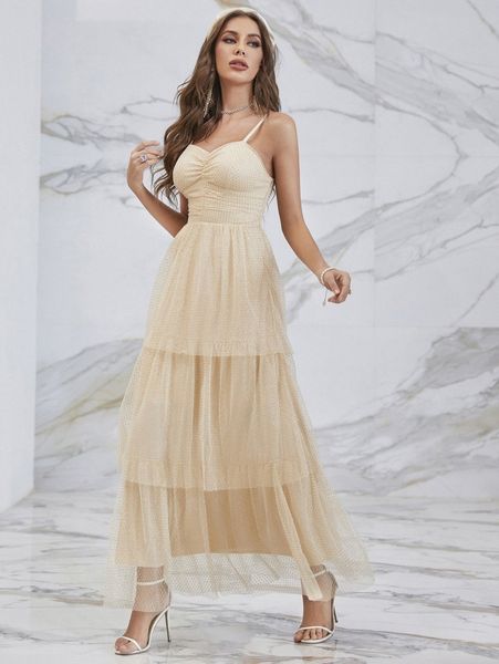 

shirred waist ruched layer hem mesh cami dress 24tk#, Black;gray