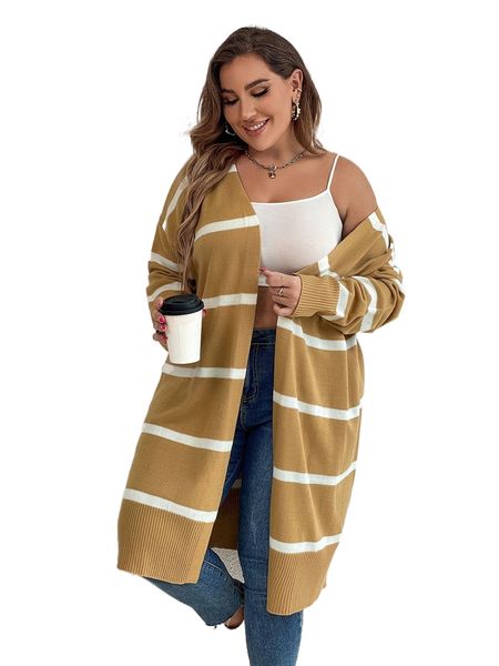 

plus striped pattern drop shoulder duster cardigan h6uf#, Black