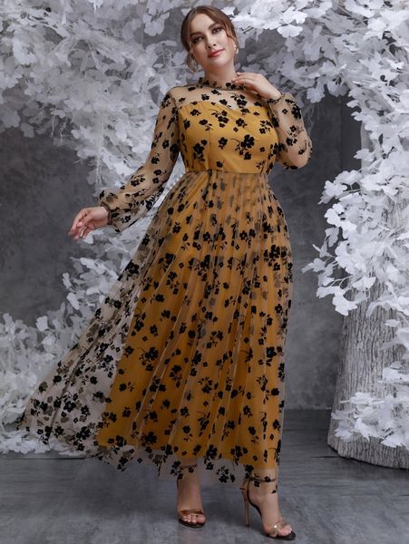 

plus floral print lantern sleeve mesh dress without belt d27y#, Black