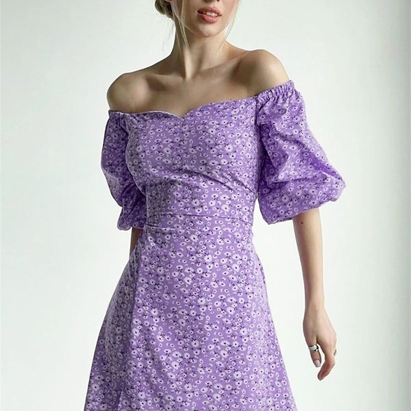 OOTN Summer Elegant Dress Holiday Floral Print Slash Neck Back Lace Up Fomens Dress Purple Slit Lintern Funtern