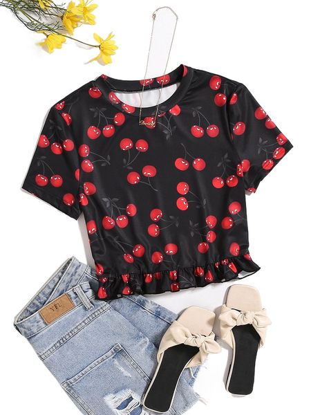 

cherry print ruffle hem tee o71c#, White