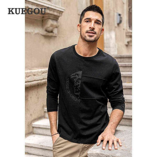 KUEGOU 2022 Autum 100% Baumwolle Plain Schwarz Weiß Print T Shirt Für Männer T-shirt Marke T-shirt Langarm T Shirt plus Größe 88057 T220808