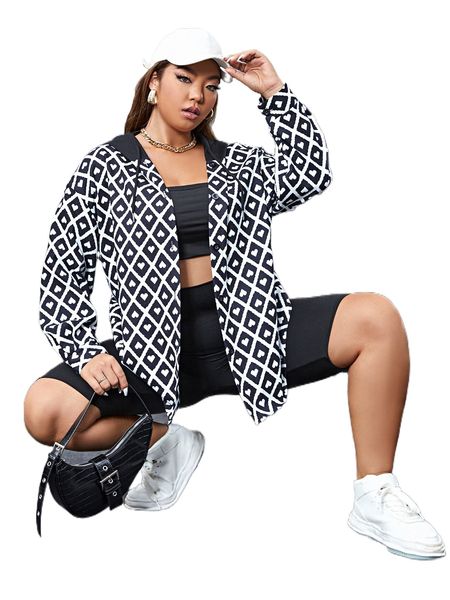 

plus heart & geo print drawstring hooded coat 98to#, Black