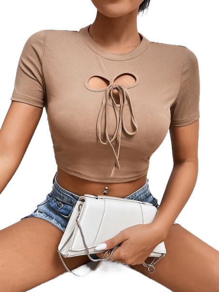 

ribbed knit tie front cutout crop 24nc#, White