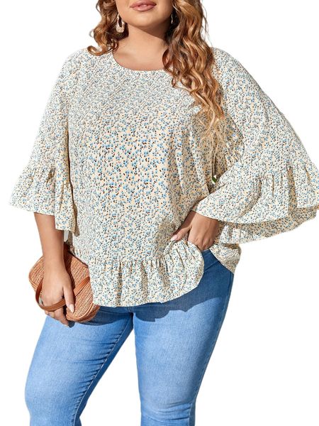 

plus ditsy floral flounce sleeve ruffle hem blouse d5sq#, Black