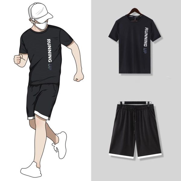 Roupas masculinas de roupas masculinas Conjunto de roupas masculinas Camiseta rápida seca e impressa e shorts sólidos